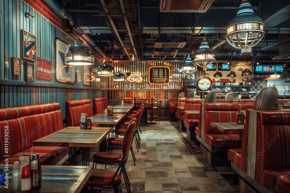 A restaurant featuring a checkered floor and red booths, exuding a retro aesthetic with vintage logos and distressed decor, A retro aesthetic with vintage logos and distressed finishes