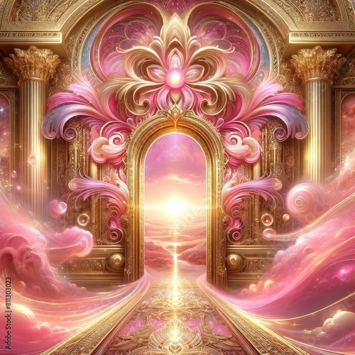 A golden gate opens to a bright and beautiful fantasy landscape with pink clouds, a shining sun, and a sparkling sea in this AI-generated digital art photo