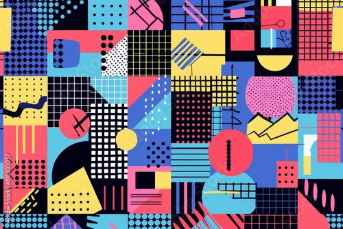 Vibrant, retro-inspired grid pattern featuring bold geometrical shapes and a variety of bright colors, A retro 80s inspired grid pattern with bold geometric shapes