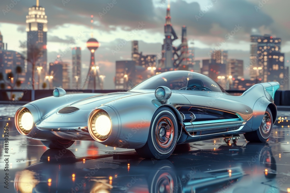 A retrofuturistic car is displayed against the backdrop of a city skyline, A retro-futuristic car with retro elements and futuristic gadgets