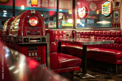 A red booth featuring a clock on the front, adding a vintage touch to the retro diner decor, A retro diner with red leather booths and a jukebox playing oldies tunes