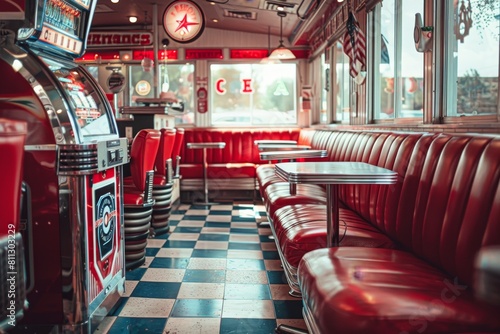A classic diner setting with a checkered floor and vibrant red booths  A retro diner with red leather booths and a jukebox playing oldies tunes