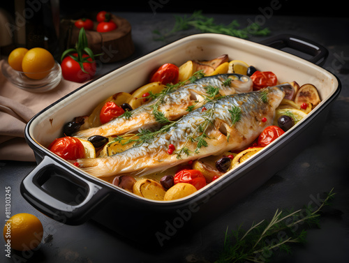 Baked whole fish with vegetables in a baking dish on kitchen table  photo