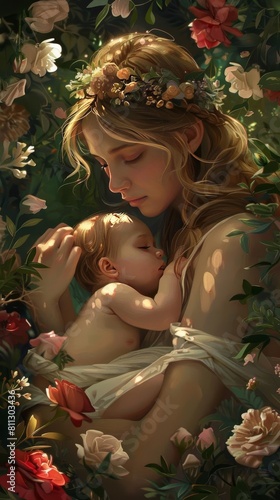 For this beautifully stylized image of a mother embracing her baby within a floral frame, heres a prompt that could help in creating or describing similar artwork photo