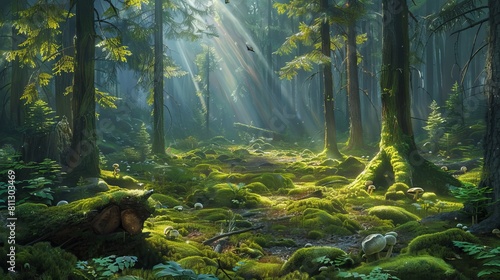 A forest with sunlight shining through the trees. photo