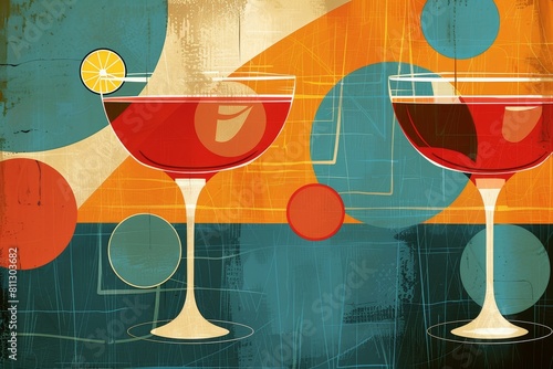 Painting featuring two glasses filled with red wine against a vintage backdrop, A retro-inspired cocktail with vintage iconography and bold, contrasting colors