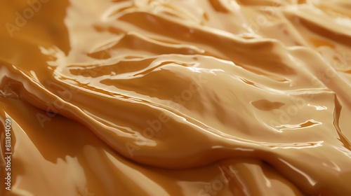 **Image description:**  A close-up image of a creamy, liquid caramel sauce. The sauce is thick and glossy, and it is flowing slowly over a surface. photo