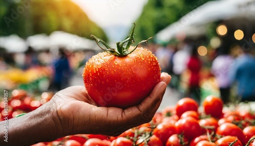 mão segurando tomate fresco vermelho na feira, agro photo