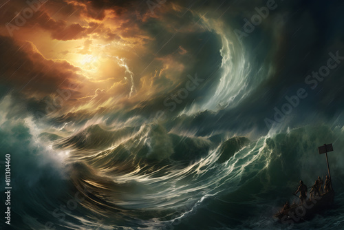 Epic scene of Jesus moving across violent ocean waves under a tempestuous sky  symbolizing faith and miracles during a sea storm  Generative AI 
