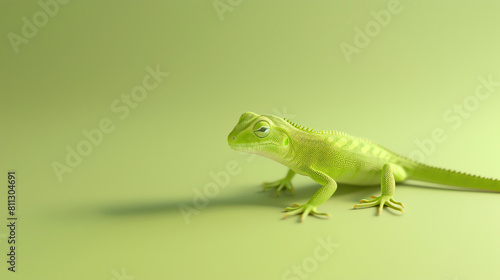 A green lizard is standing on a green background. The lizard is looking to the left of the frame. © Farm