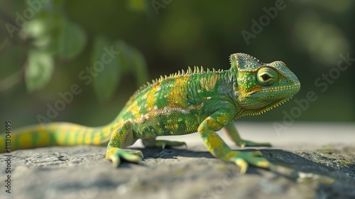 A green chameleon is sitting on a branch. The chameleon is looking at the camera. The background is blurred.