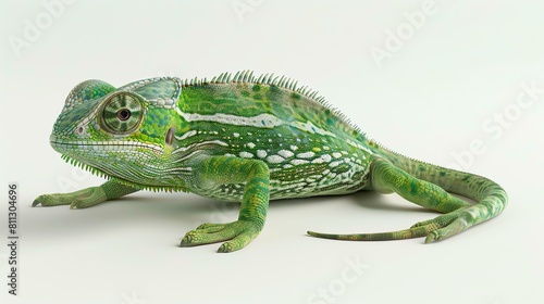 A green chameleon is sitting on a white background. The chameleon is looking to the left of the frame. The chameleon has a light green body.