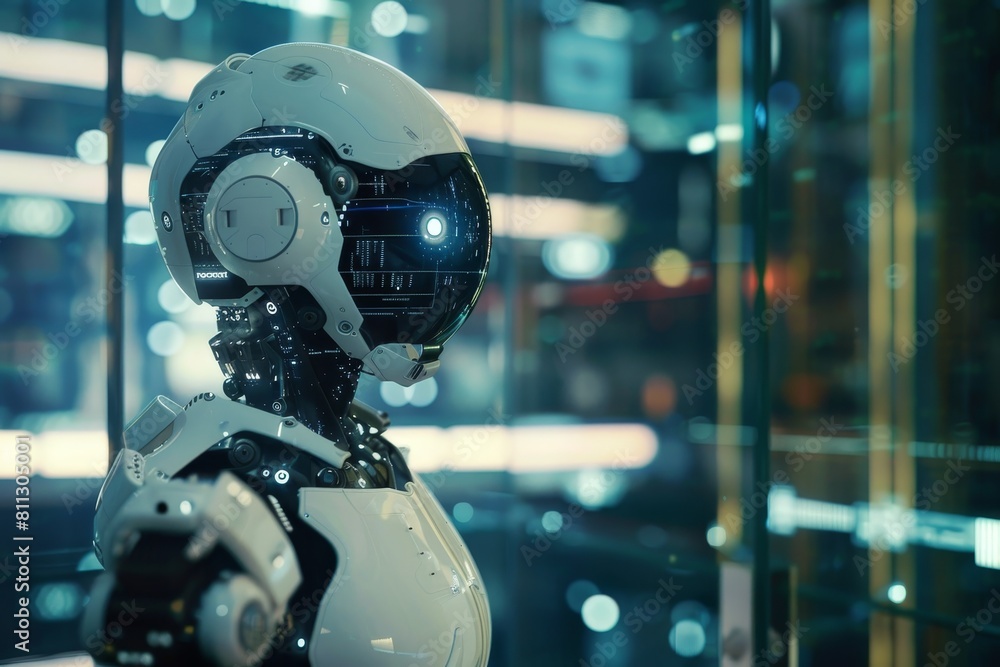 A robot is positioned in front of a transparent glass wall, A robot interacting with human subjects in a digital world A robot is positioned in front of a transparent glass wall, A robot interacting with human subjects in a digital world