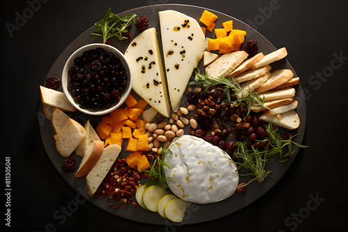 Generative AI depiction of a cheese lover’s dream platter, featuring exotic cheeses like Burrata and Halloumi, beautifully prese  Generative AI, photo