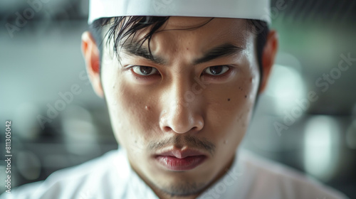 Closeup of a serious Asian chef in traditional white attire  showcasing focused determination