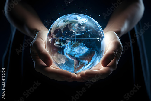 Generative AI illustration of the Earth cradled in human hands, water droplets dripping from the fingers, symbolizing the need Generative AI,