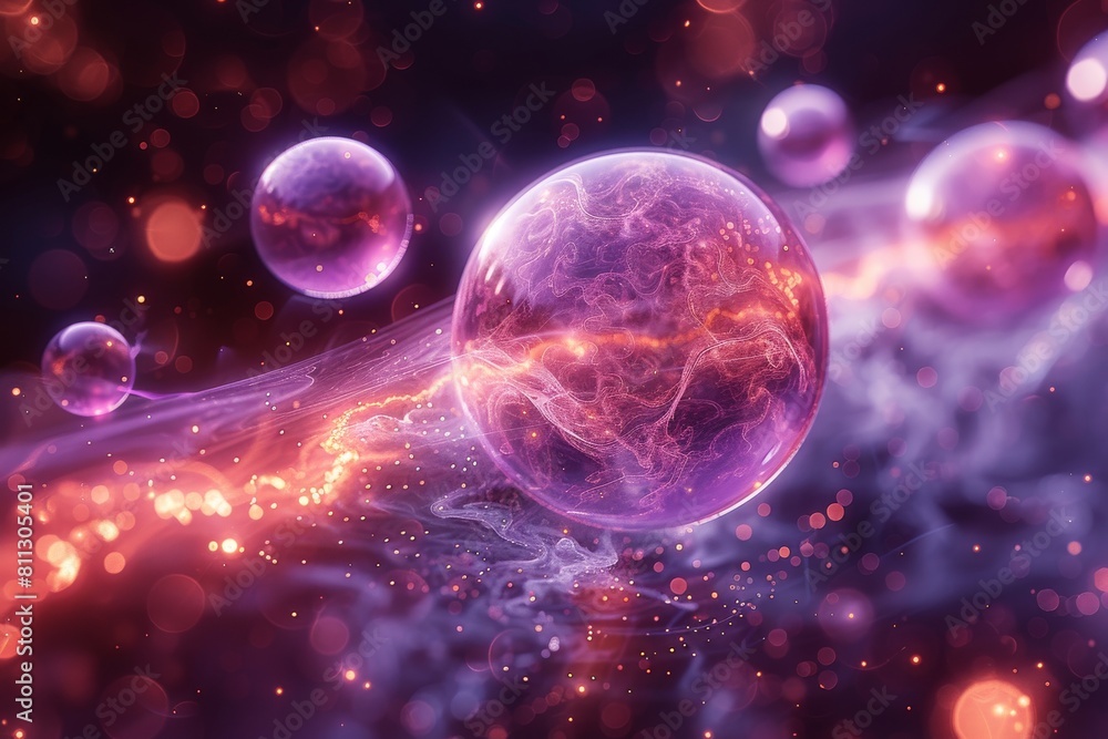 Fototapeta premium In this digital artwork, enraptured glowing orbs with trailing flames travel through a nebulous space, creating a sense of movement and wonder