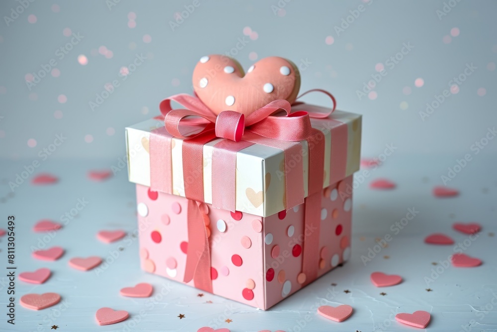 A pink and white gift box with a heart-shaped embellishment on it, A romantic gift box adorned with heart-shaped embellishments