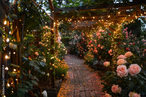 A garden brimming with flowers and illuminated by numerous lights, A romantic garden setting with cascading flowers and twinkling lights