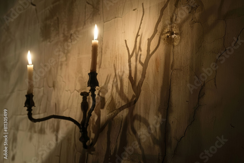 Creepy Shadows and Flickering Candlelight on a Spooky Wall Scene photo