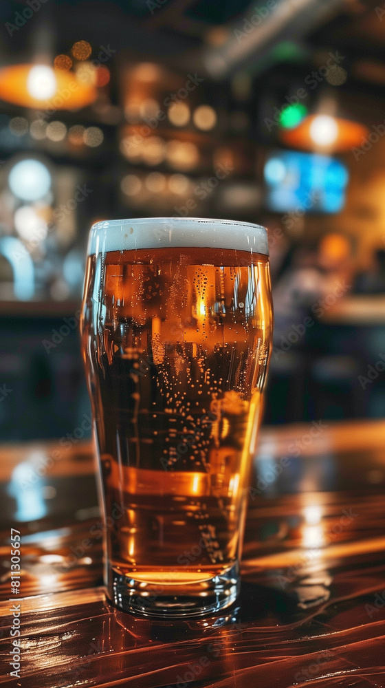 Cold beer with bubbles in a pub, with a blurred background of a bar setting Cold beer with bubbles in a pub, with a blurred background of a bar setting
