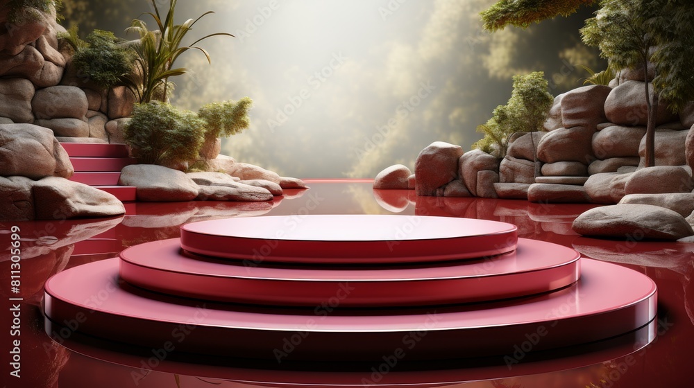Fototapeta premium Red Room With Benches and Wall