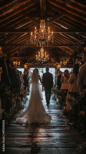 Bride and Groom Walking Down the Aisle in Barn