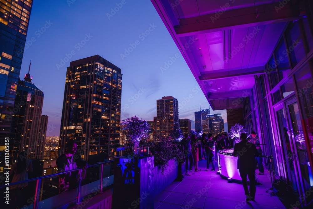 Obraz premium People gather on a rooftop overlooking the city skyline, A rooftop party with a view of the city skyline and a DJ spinning tracks for the night