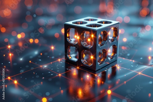 An intriguing image presenting a cube with ingenious design, emitting a neon glow in a futuristic, science fiction setting