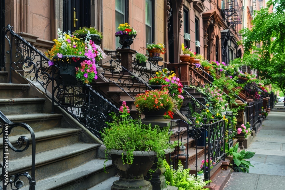 Flowers arranged on the steps of a brownstone building, A row of brownstones with stoops and hanging flower baskets