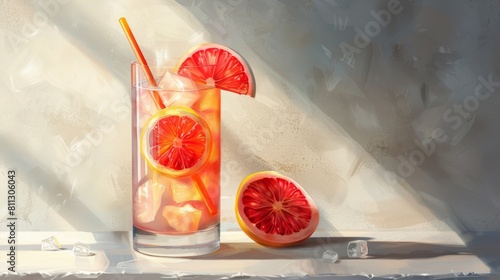 Glass of Water With Grapefruit Slice and Straw Painting