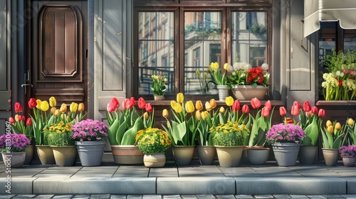 colorful tulips flowers in pots on the street in front of a store realistic