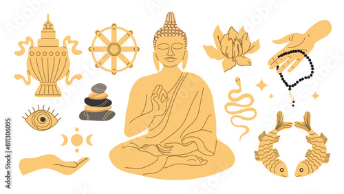 Symbols of Thai Theravada Buddhism. Set of Buddhism elements for decoration, print, poster, banner. Vector illustration on a white background.