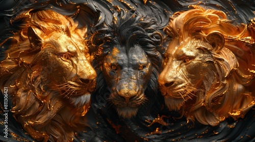Fototapeta Naklejka Na Ścianę i Meble -  3D print design for interior, , wallpaper, canvas. Golden lion on beautiful black texture background. Beautiful animal lion oil canvas frame painting.