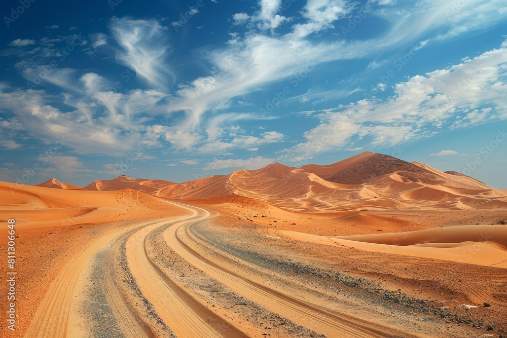 Naklejka premium A dirt road winding through a rugged desert landscape with towering sand dunes, A surreal desert landscape with towering sand dunes and mirages