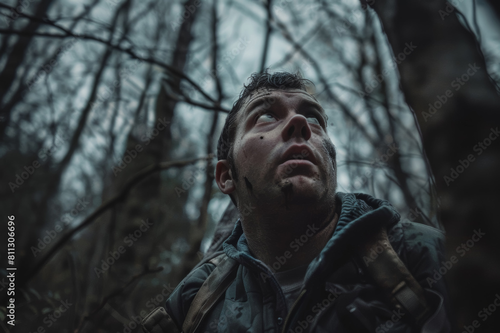 Chilling Encounter: Man Glancing Over Shoulder in a Dark Twilight Forest Chilling Encounter: Man Glancing Over Shoulder in a Dark Twilight Forest