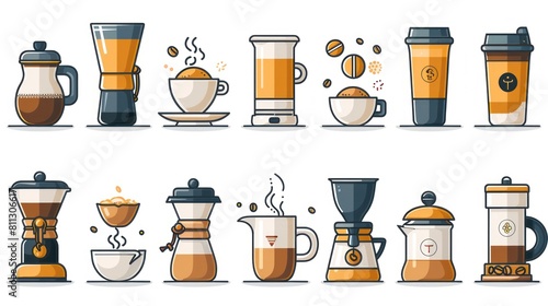 coffee vector. Collection of coffee icons in color style. Coffee beans, drinks, cups, coffee pots, packaging, grinders, filters, machines, portafilters photo