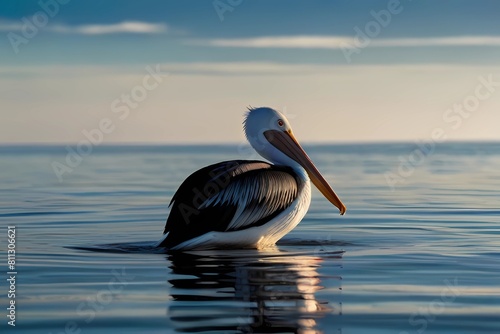 A black and white Australian pelican against the blue water of the sea
 photo