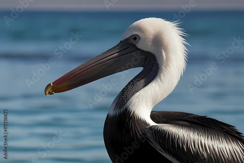 A black and white Australian pelican against the blue water of the sea
 photo