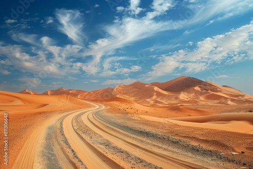 A dirt road winding through a rugged desert landscape with towering sand dunes, A surreal desert landscape with towering sand dunes and mirages