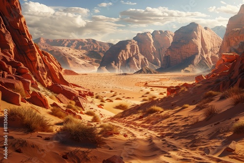 A desert landscape featuring towering mountains and vast stretches of sand, A surreal desert landscape with towering sand dunes and mirages