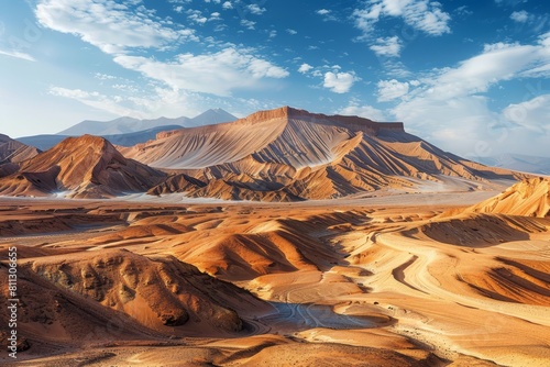 A mountain range in the desert under a clear blue sky, A surreal desert landscape with towering sand dunes and mirages