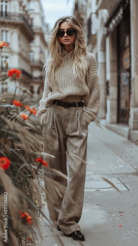 Woman Standing on Sidewalk Beside Flowers