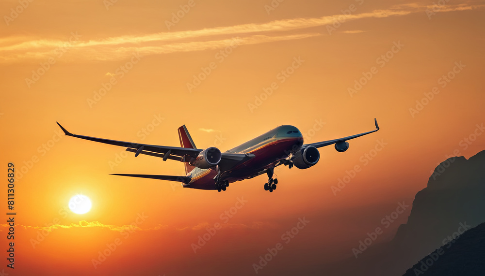 An airplane is flying in the sky during sunset, with vibrant hues of orange and pink painting the clouds in the background.