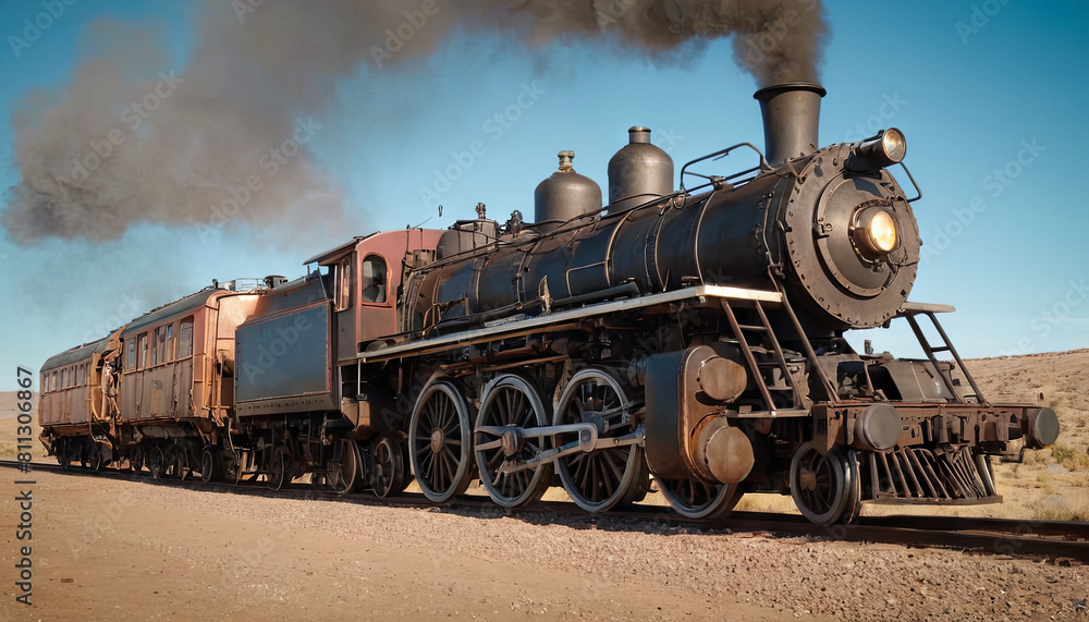 Naklejka premium A steam engine train is moving down train tracks, emitting billows of smoke and steam, with wheels clacking on the rails.