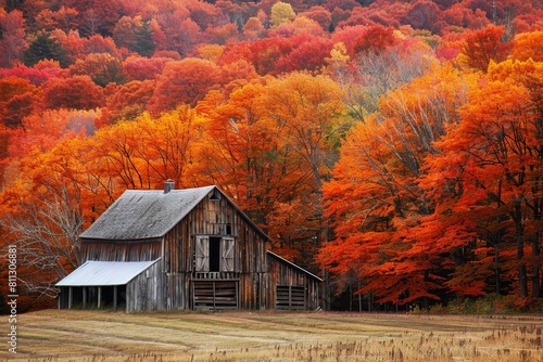 A barn stands in a field, surrounded by trees in the background, A rustic barn surrounded by a sea of orange and red trees