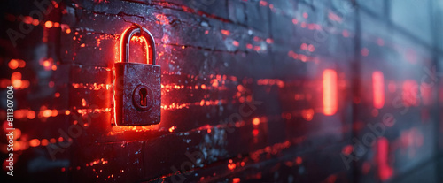A sturdy lock attached to a concrete wall, illuminated by vibrant red lights, creating a stark and secure visual.
