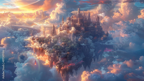 A floating city suspended high above the clouds, where graceful winged beings dwell in harmony with the elements, their homes and gardens carved from clouds and rainbows photo