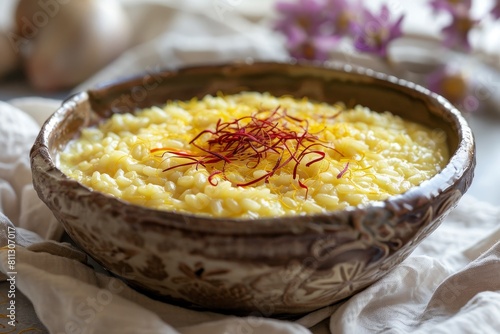 A rustic bowl filled with rice, creamy risotto Milanese, and garnished with saffron, A rustic bowl of creamy risotto Milanese garnished with saffron threads