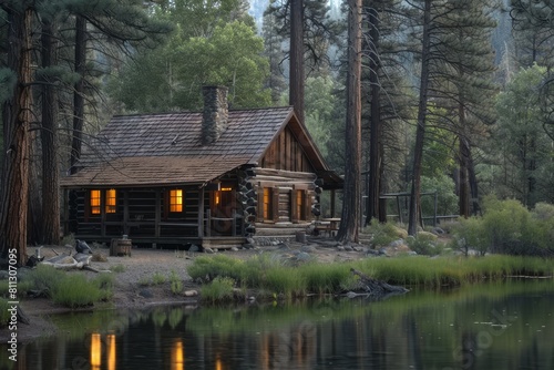 A log cabin nestled beside a lake on the shore, surrounded by tall pine trees in the woods, A rustic cabin in the woods surrounded by tall pine trees
